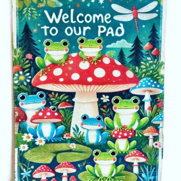 Other - 12x18 Whimsical Linen Garden Flag 'Welcome to Our Pad' Pond Frogs Mushrooms New